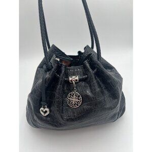 Brighton Drawstring Charcoal Gray Faux Croc & Pebbled Leather with Silver Accent